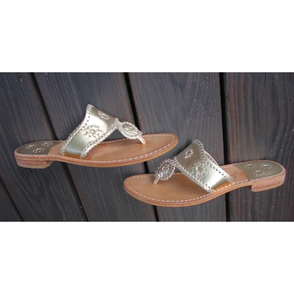 Jack Rogers Leather Flat Sandal Preowned 8.5 Platinum Gold